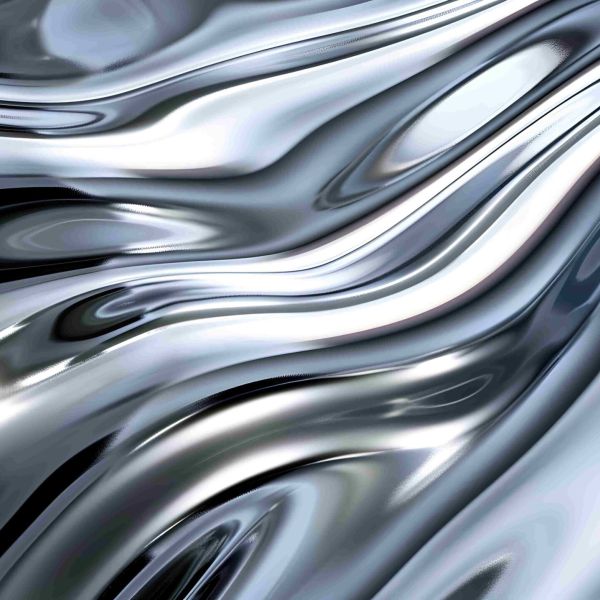 Flüssiges Silber in glänzenden Wellen als abstrakte Großaufnahme