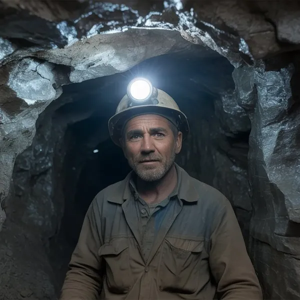 Bergmann mit Helmlampe in einem Stollen mit silbrig glänzendem Gestein